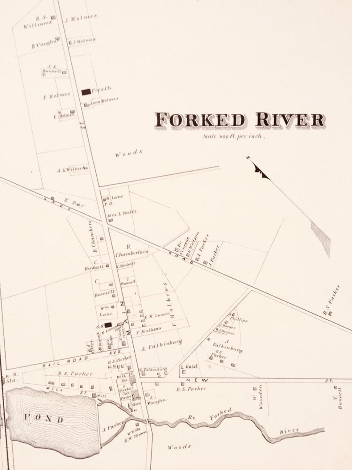 Forked River Map, Original 1878 New Jersey Shore Atlas, Barnegat