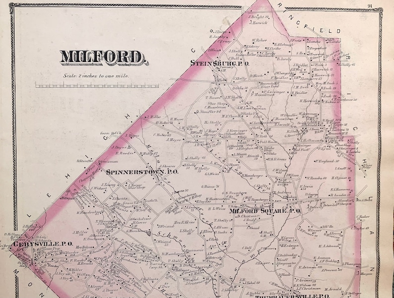 Milford Township Map Original 1875 Bucks County Pennsylvania Etsy