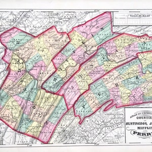 Huntingdon County, Original 1872 State of Pennsylvania Atlas, Juniata, Mifflin, Perry county, original hand Colored, framable map