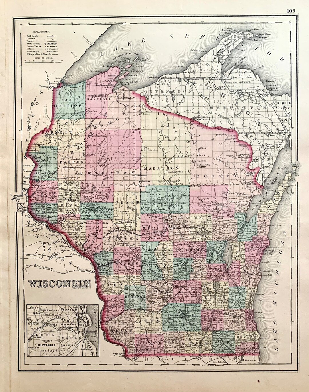 Wisconsin Packer Map Wisconsin Map, Original 1877 Grays Atlas, the Cheese State, Packers ...