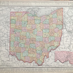 Ohio Map, Original 1895 Rand McNally Atlas, Cleveland, the buckeye State