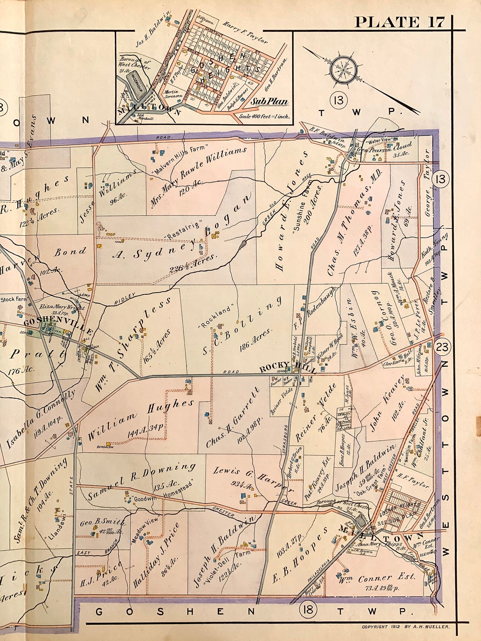 East Goshen Township Map, Original 1912 Pennsylvania Main Line Railroad Atlas, Chester County
