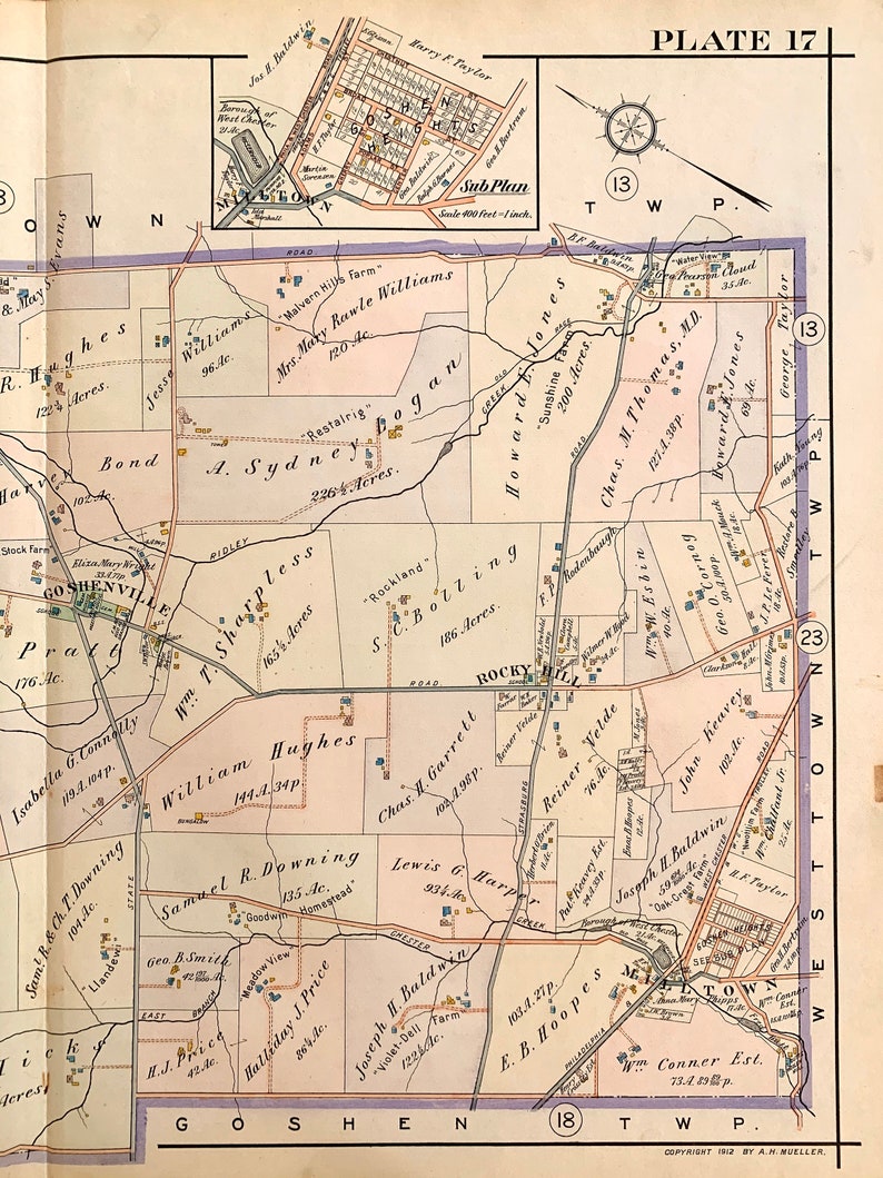 East Goshen Township Map, Original 1912 Pennsylvania Main Line Railroad