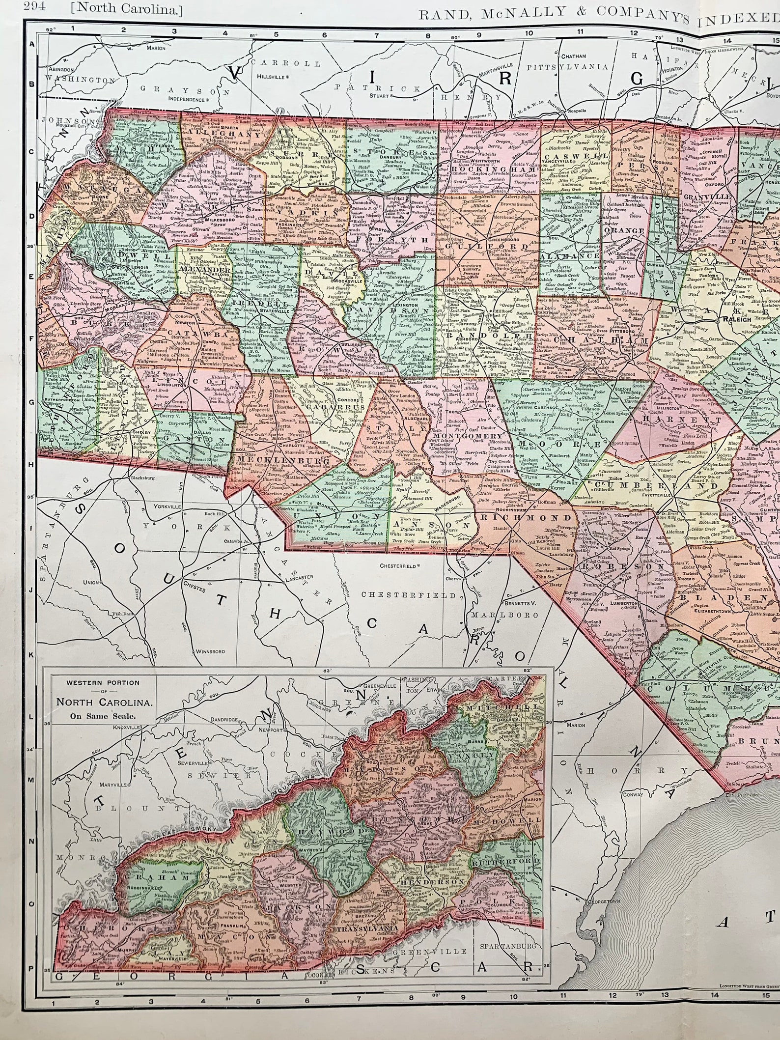 North Carolina Map, Original 1892 Rand Mcnally Atlas, Tar Heel State 