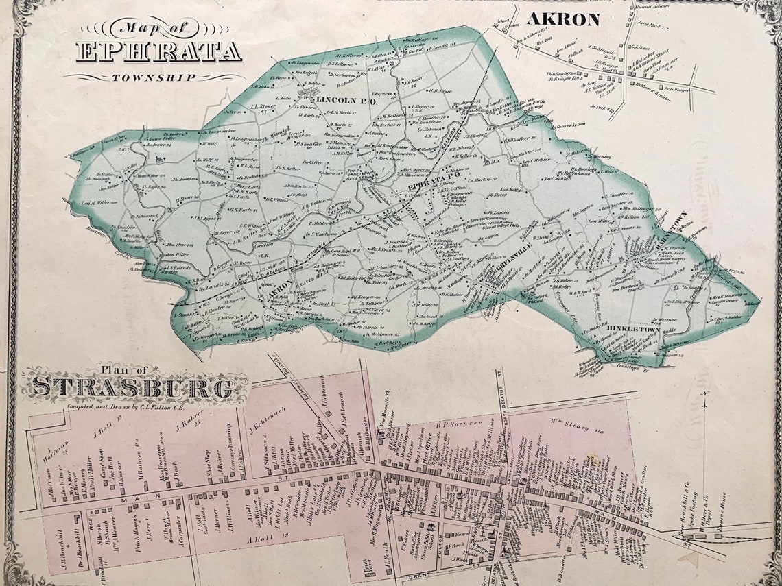 Ephrata Township Map Original 1875 Lancaster County Atlas