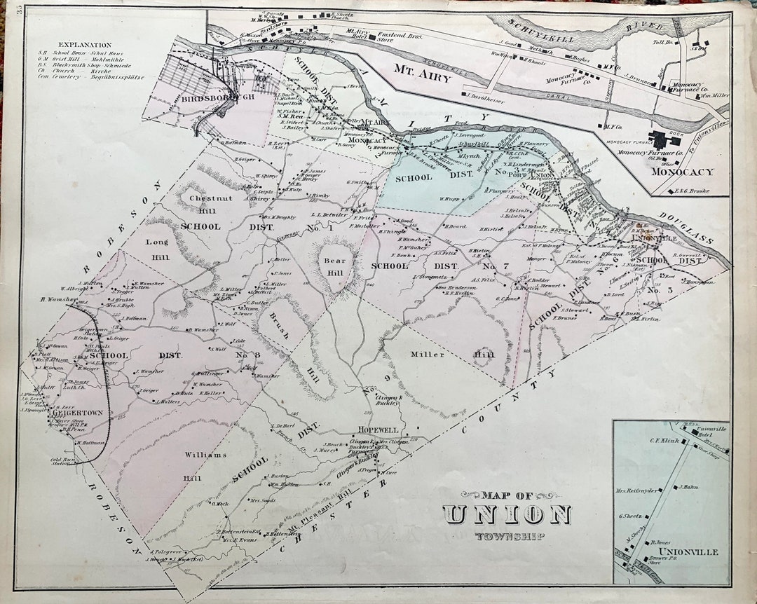 Union Township Map, Original 1876 Berks County Pennsylvania Atlas