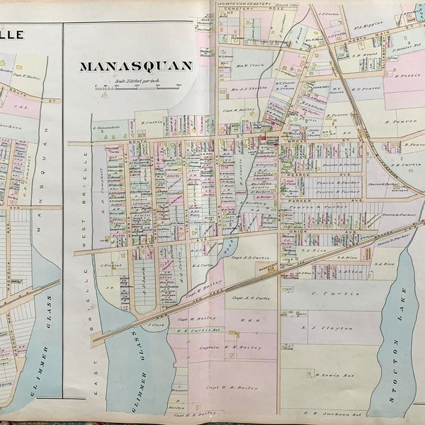 Manasquan map, Original 1889 Monmouth County atlas, Brielle, The Glimmer Glass