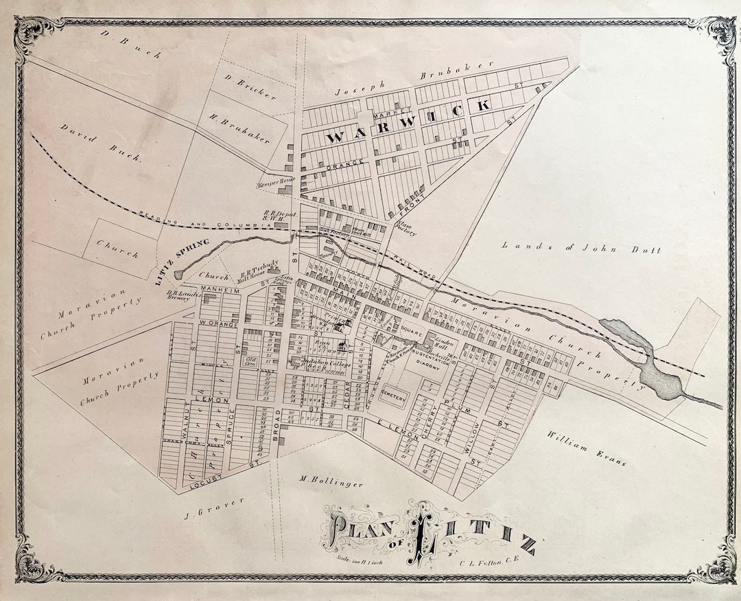 Lititz Map Original 1875 Lancaster County Atlas Adamstown Etsy