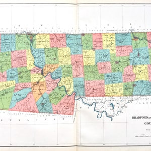 Original 1900 Atlas map of Bradford and Susquehanna Counties from the State of Pennsylvania Census Atlas