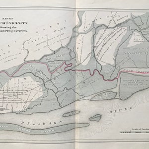 May include: A black and white map of the Tinicum Vicinity showing early grants and patents. The map includes the Delaware River, Hay Island, Carpenter's Island, and Back Channel. The map is labeled with the text "MAP OF TINICUM VICINITY Showing the EARLY GRANTS & PATENTS."