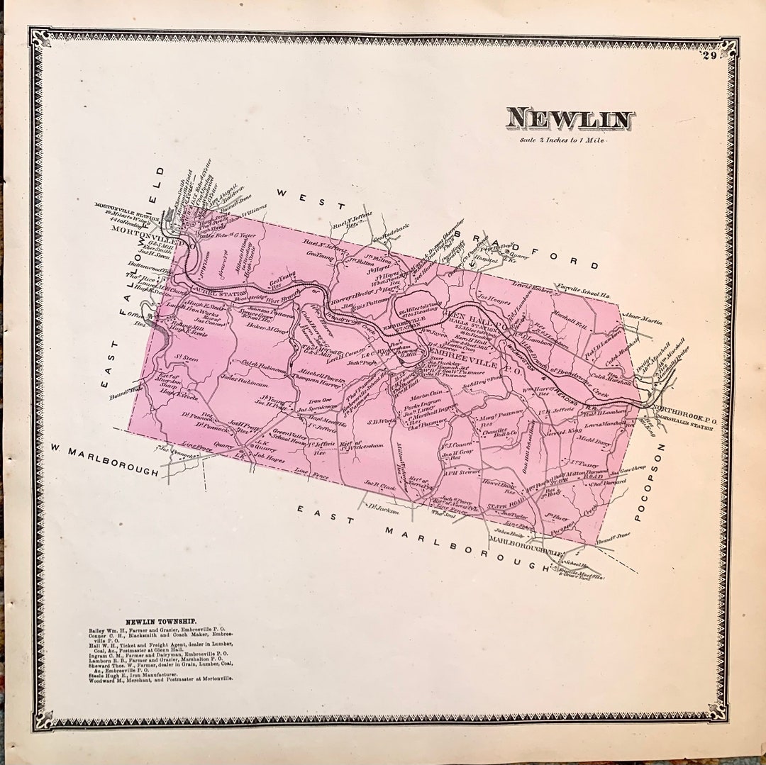 Newlin Township Map, Original 1873 Chester County Pennsylvania Atlas