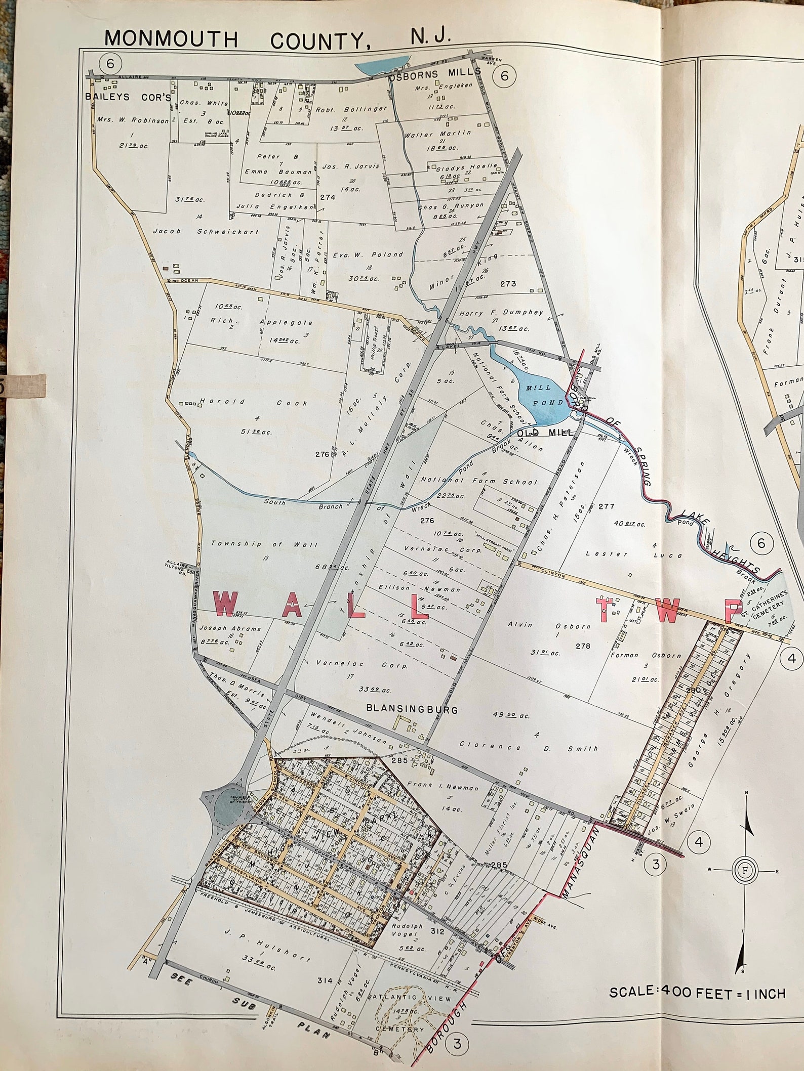 Wall Township Map, Original 1914 Monmouth County Atlas, Blansingburg