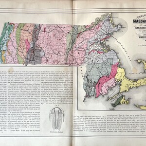 May include: A vintage geological map of Massachusetts, compiled by  Gilman  D.  Hitchcock, Ph.D., Professor of Natural History, Amherst College, and published by Walling & Gray in 1843. The map shows the different geological formations in the state, with a key to the different colors and symbols used. The map also includes a small illustration of a trilobite.