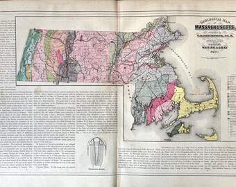 May include: A vintage geological map of Massachusetts, compiled by  Gilman  D.  Hitchcock, Ph.D., Professor of Natural History, Amherst College, and published by Walling & Gray in 1843. The map shows the different geological formations in the state, with a key to the different colors and symbols used. The map also includes a small illustration of a trilobite.