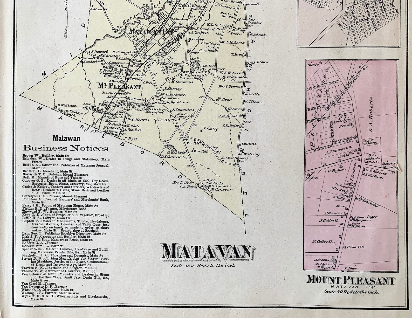 Matawan Map, Original 1873 Monmouth County Atlas, Cliffwood Beach