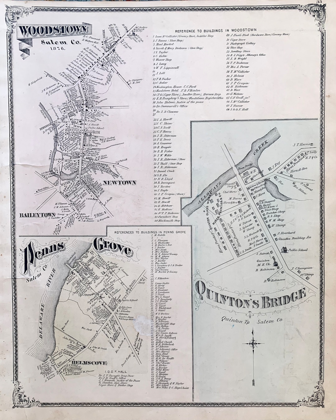 Woodstown Map, Original 1876 Salem County Atlas, Penns Grove, Quintons