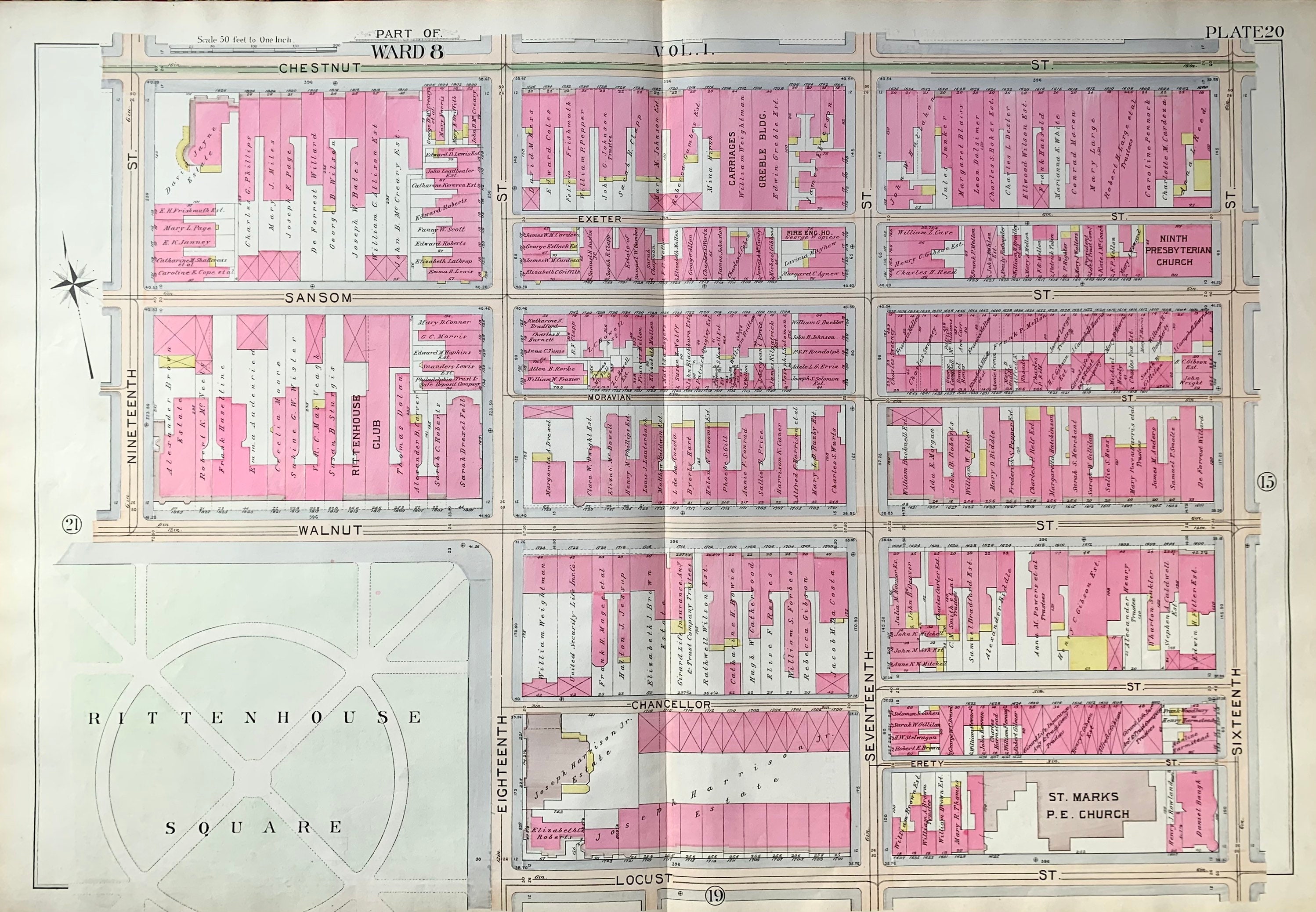 1888 PHILADELPHIA RITTENHOUSE SQUARE US NAVAL ARSENAL & ASYLUM PA COPY ATLAS MAP 