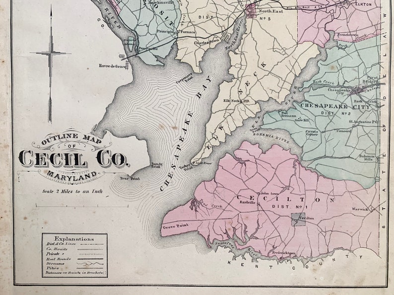 Cecil County Maryland Atlas Map, Original 1877 Hand Colored, Cecil
