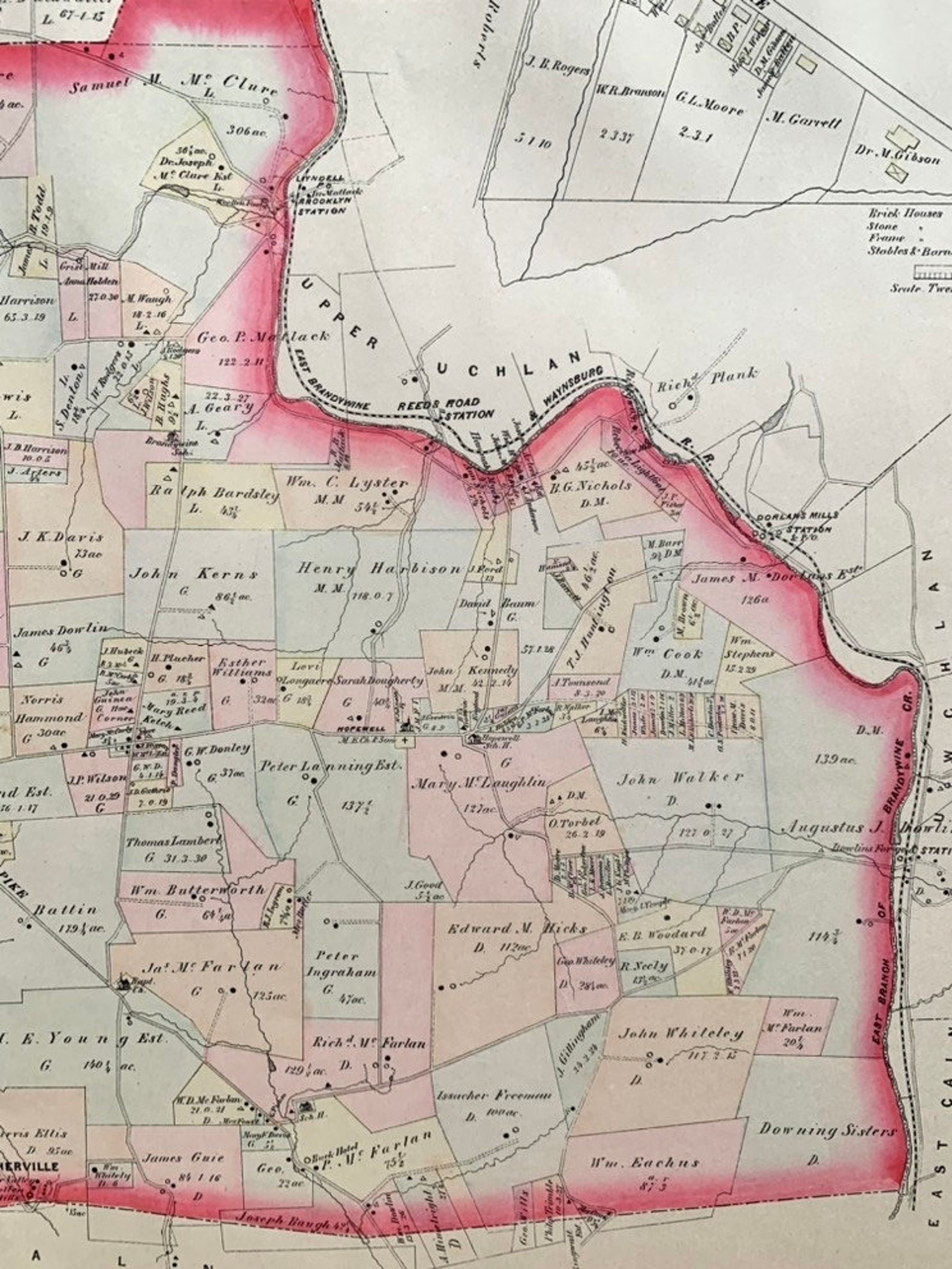 East Brandywine Township Map, Original 1883 Chester County Pennsylvania Farm Atlas