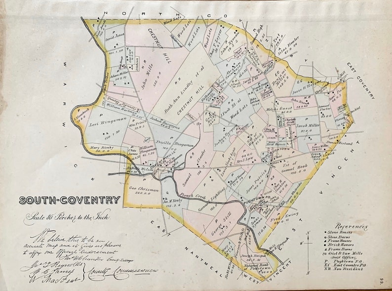 South Coventry Township Map Original 1883 Chester County Pennsylvania Farm Atlas Pughtown