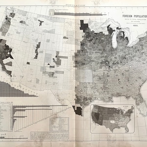 May include: A black and white map of the United States showing the foreign population in 1860. The map is divided into states and counties, with darker shades indicating a higher percentage of foreign-born residents. The map also includes a key showing the percentage of foreign-born residents in each county.