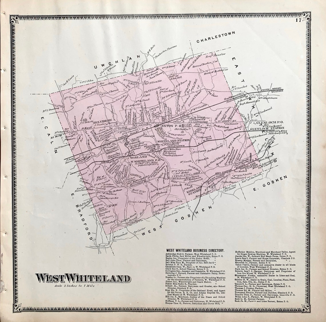 West Whiteland Township Map Original 1873 Chester County Etsy