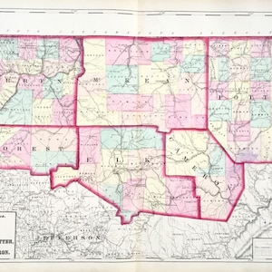 May include: A vintage map of Pennsylvania showing the counties of Warren, McKean, Potter, Forest, Elk, and Cameron. The map is divided into sections with each county outlined in red. The map is printed on a white background with black lines and text.
