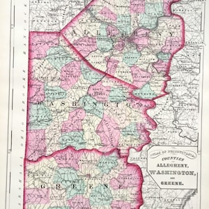 Allegheny County Map, Original 1872 Pennsylvania atlas, Pittsburgh, Greene County