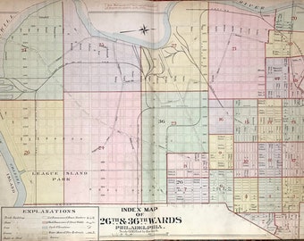 May include: A vintage map of Philadelphia, Pennsylvania, showing the city's 26th and 36th wards. The map is color-coded to show the different wards, and includes a key with explanations of the map's symbols.