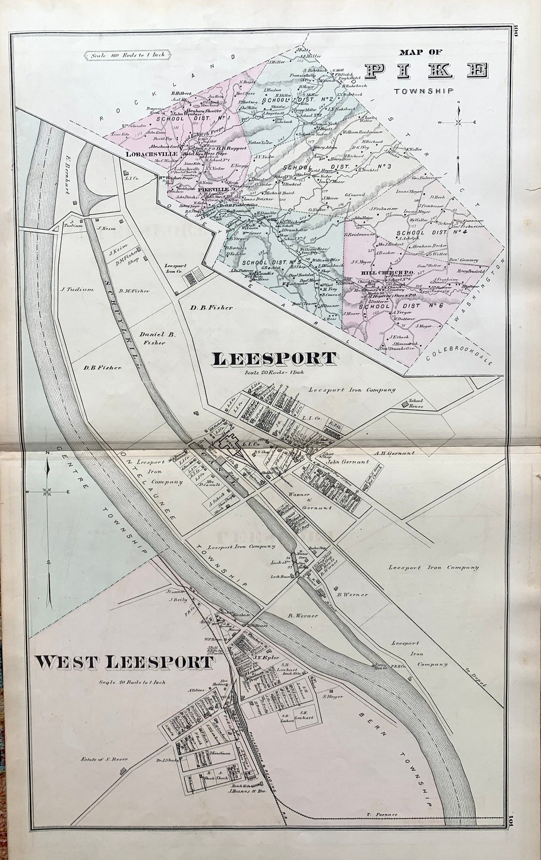 Leesport Map, Original 1876 Berks County Pennsylvania Atlas, Pike