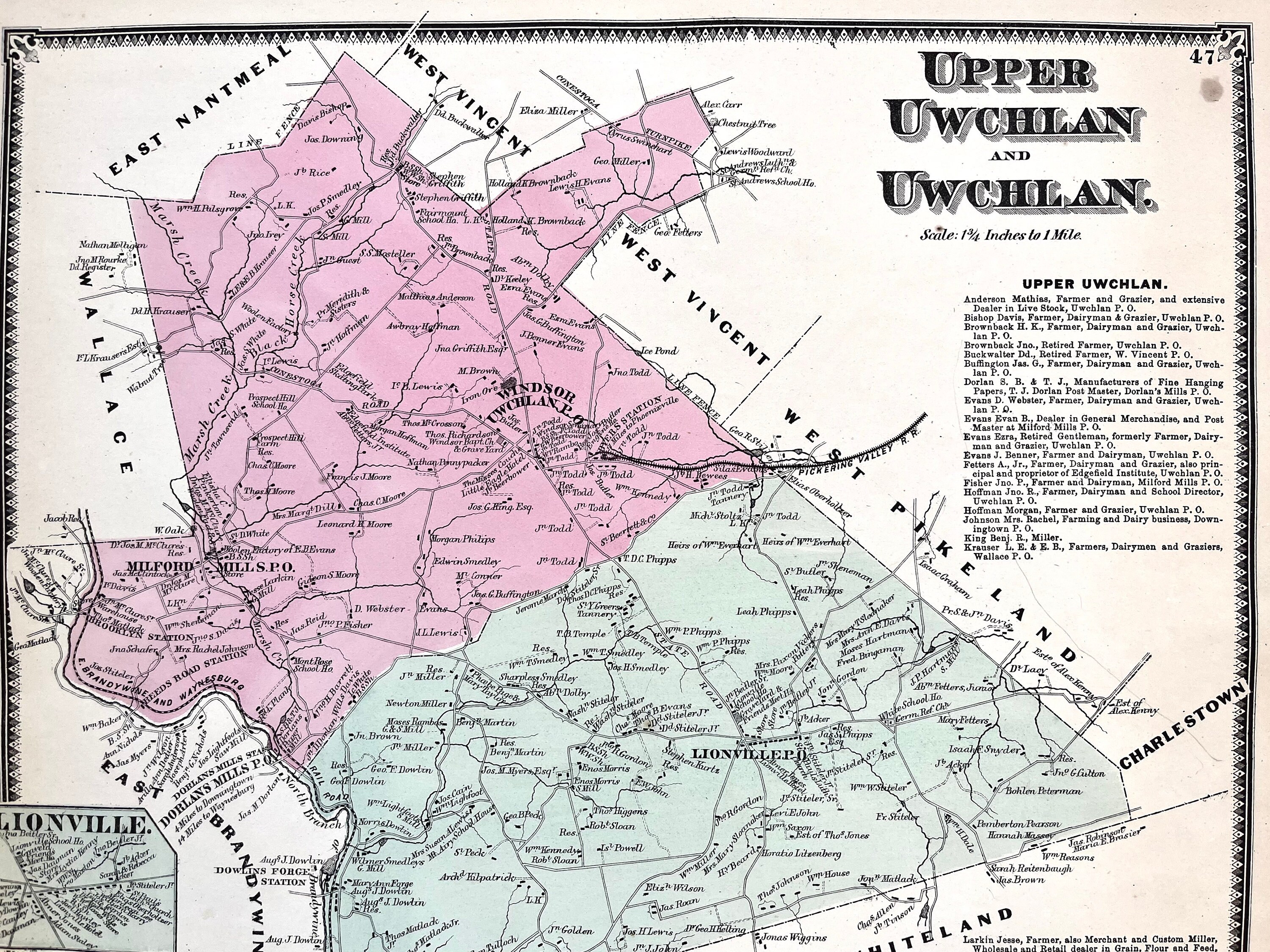 Uwchlan Township Map, Upper Uwchlan Map, Original 1873 Chester County