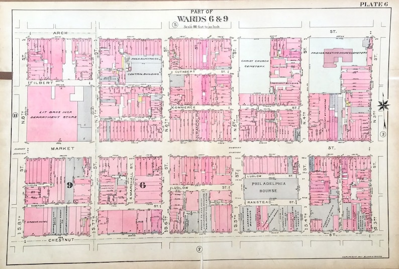 Hand colored Christ Church Original 1927 City of Philadelphia Atlas Map Old City Map