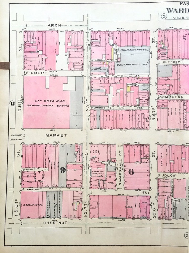 Hand colored Christ Church Original 1927 City of Philadelphia Atlas Map Old City Map