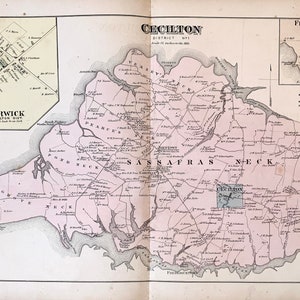 Cecilton Map, Cecil County Maryland Atlas Map, Original 1877 Hand Colored