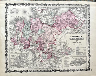 Germany map, Original 1863 Johnsons Atlas, Hamburg, German map, Hand colored, Johnson and Ward Atlas