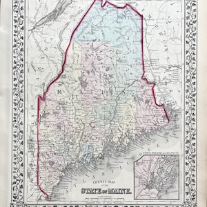 Maine map, Original 1874 antique Mitchells map, Portland, Augusta, Lobster