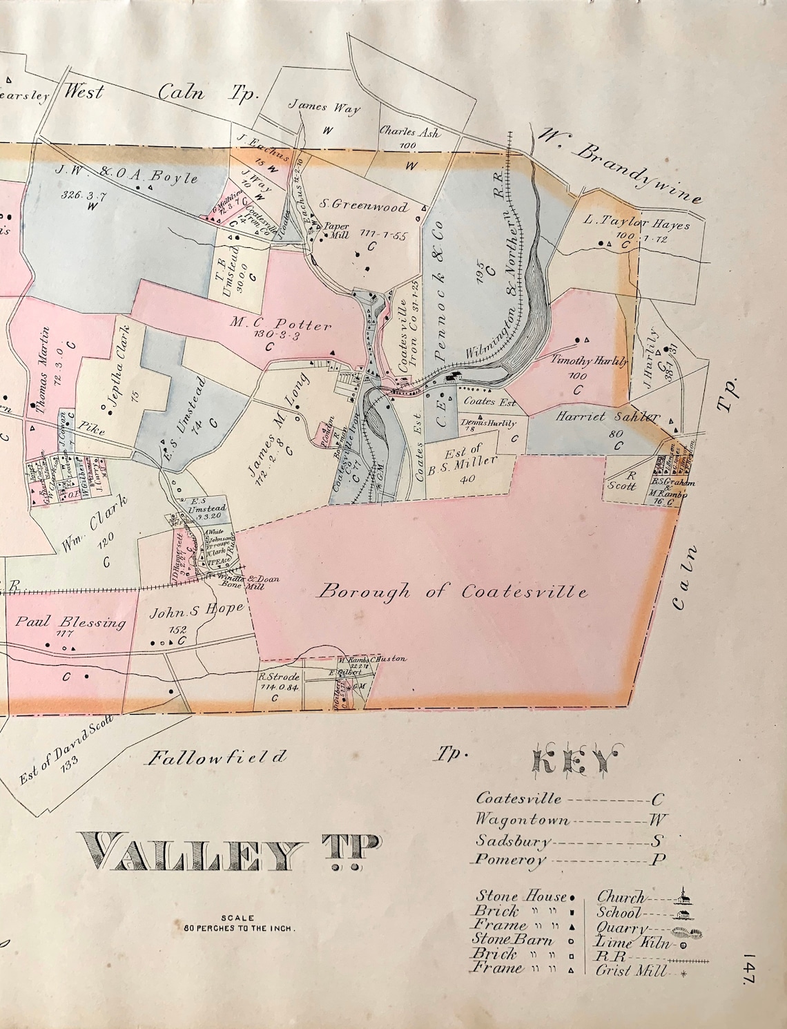 Valley Township Map, Original 1883 Chester County Pennsylvania Farm