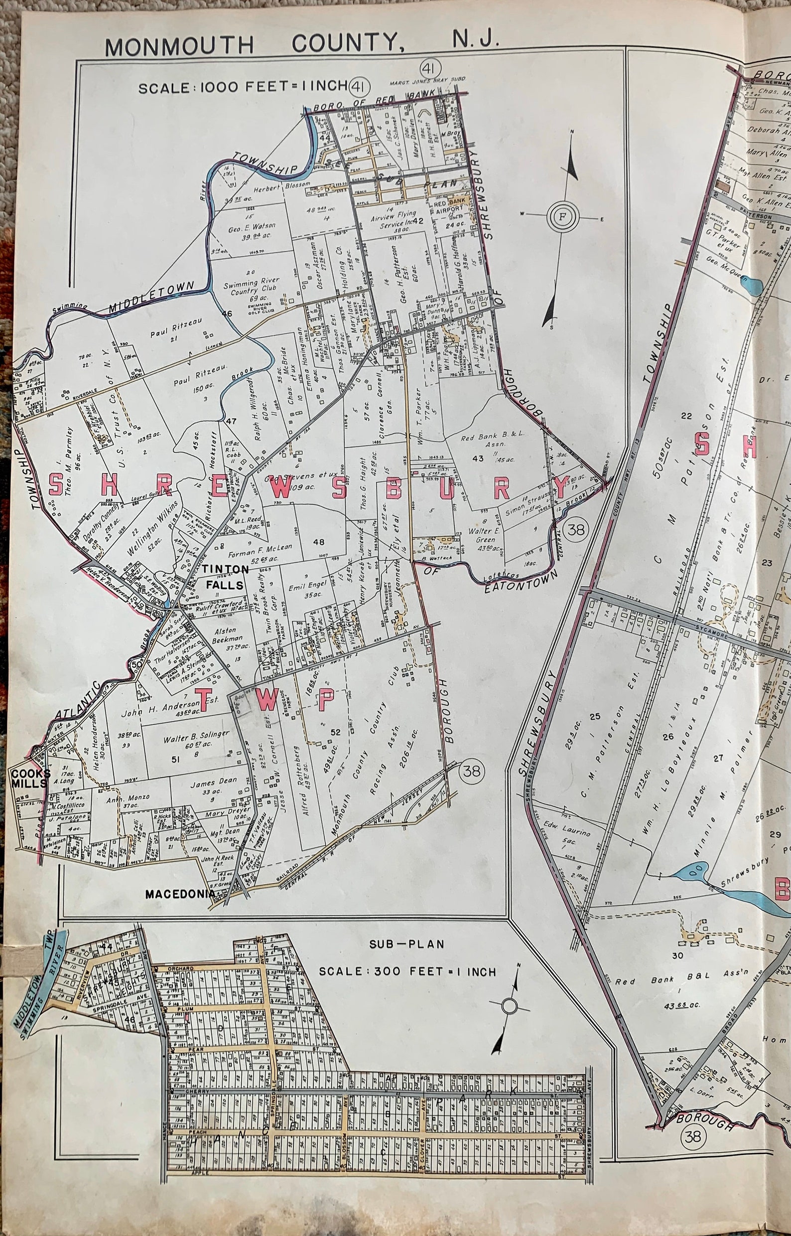 Shrewsbury Map, Original 1941 Atlas Map, Monmouth County New Jersey, Shrewsbury Township, Tinton
