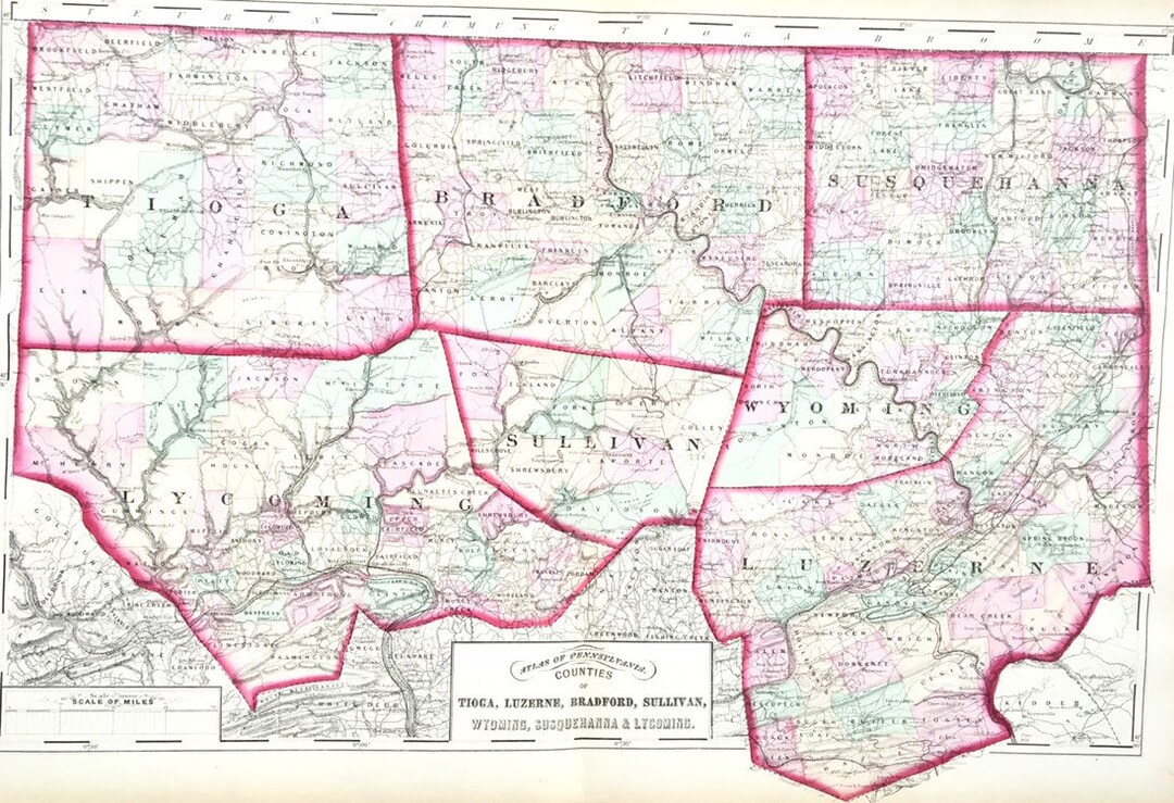 County Map, Original 1872 Pennsylvania Atlas, Tioga, Luzerne