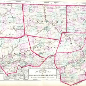 Lycoming County map, Original 1872 Pennsylvania Atlas, Tioga, Luzerne, Bradford, Sullivan, Wyoming, Susquehanna