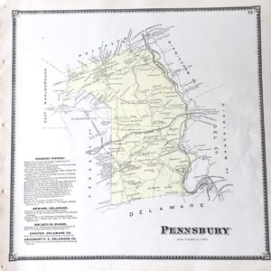 May include: A vintage map of Pennsbury Township, Delaware County, Pennsylvania. The map shows the township's roads, rivers, and towns. The map is printed in black and white with yellow highlights. The map is titled "Pennsbury" and includes the scale "7 Inches to 1 Mile".