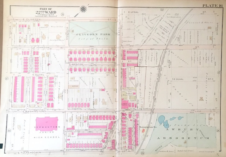 Mt Airy Map, City of Philadelphia Atlas, Original 1923 Hand Colored Map ...