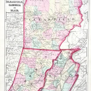 Clearfield County map, Original 1872 Atlas of Pennsylvania, Cambria County, Blair County, Altoona