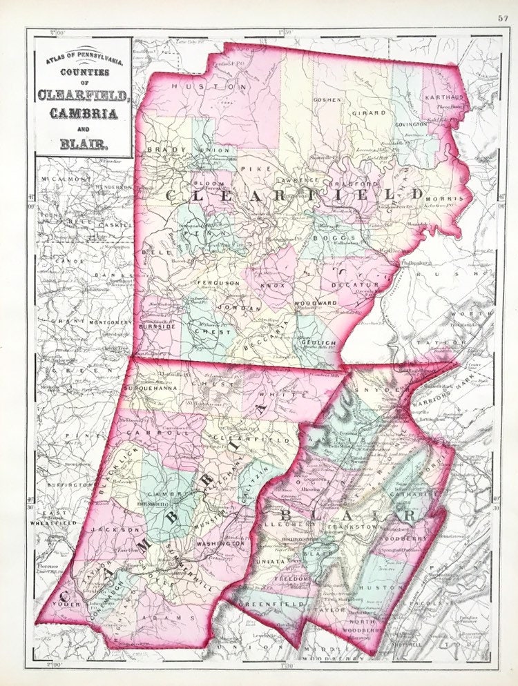 Clearfield County Map, Original 1872 Atlas of Pennsylvania, Cambria
