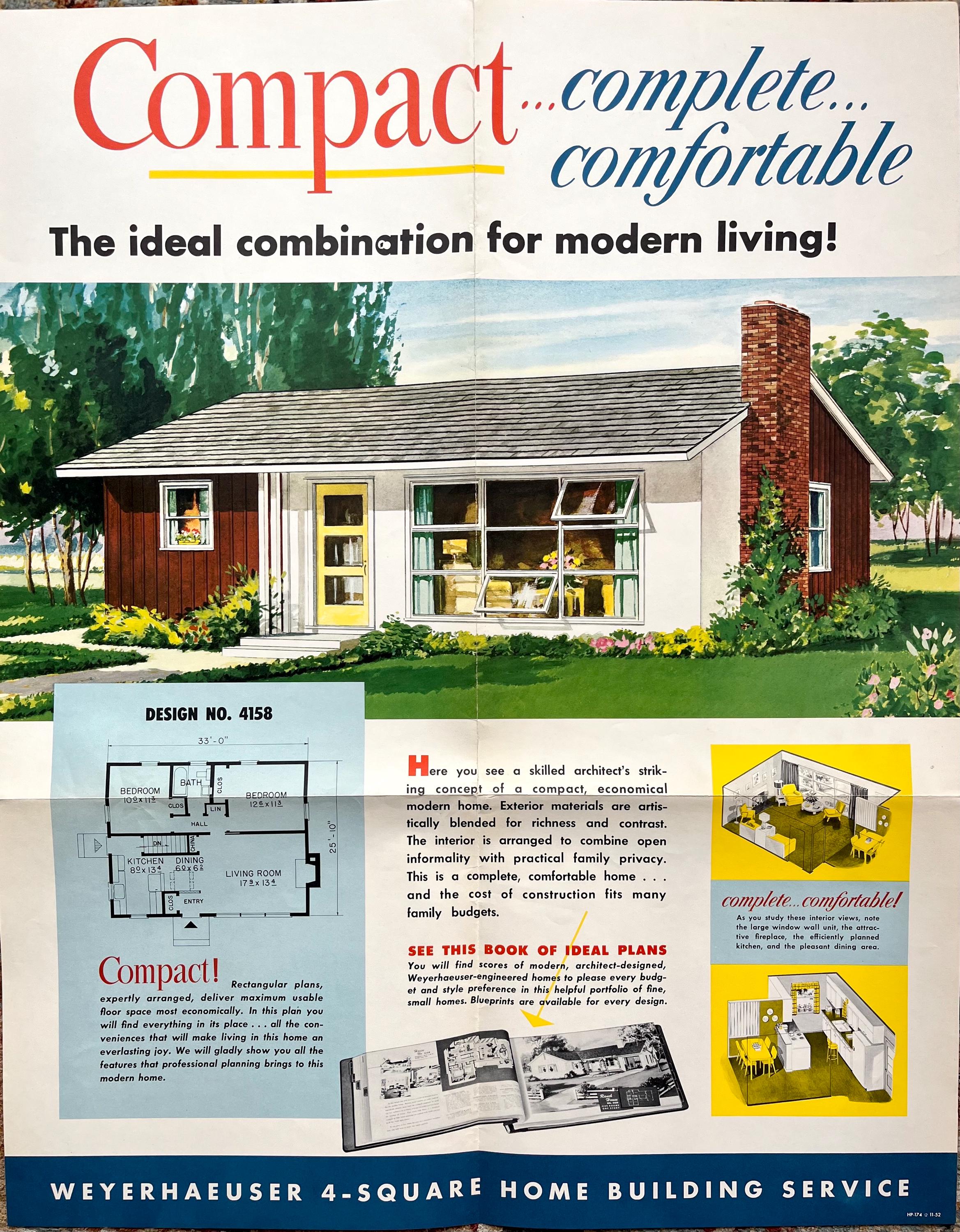 Vintage House Plan Poster, Original 1950s Weyerhaeuser Mid Century Design, Architecture