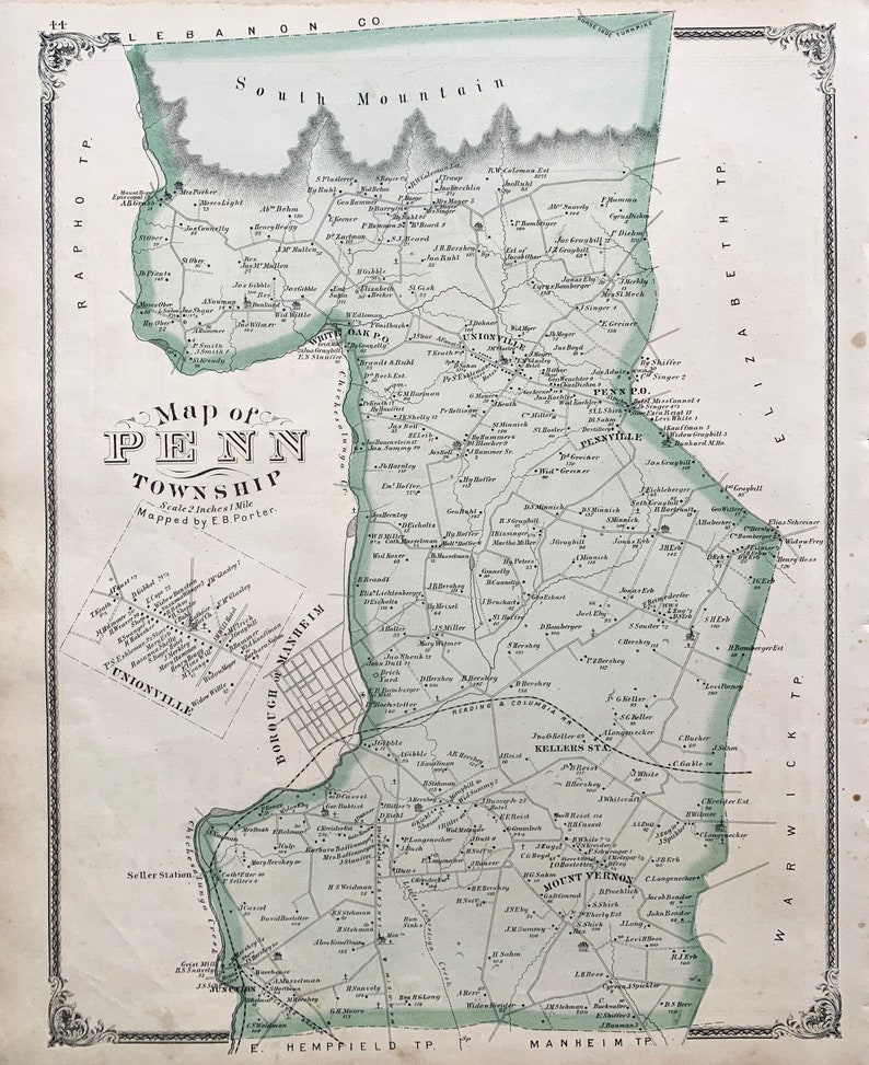 Penn Township Map, Original 1875 Lancaster County Atlas, Manheim, White