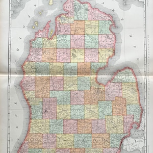 Michigan Map, Original 1895 Rand Mcnally Atlas, Great Lakes State ...