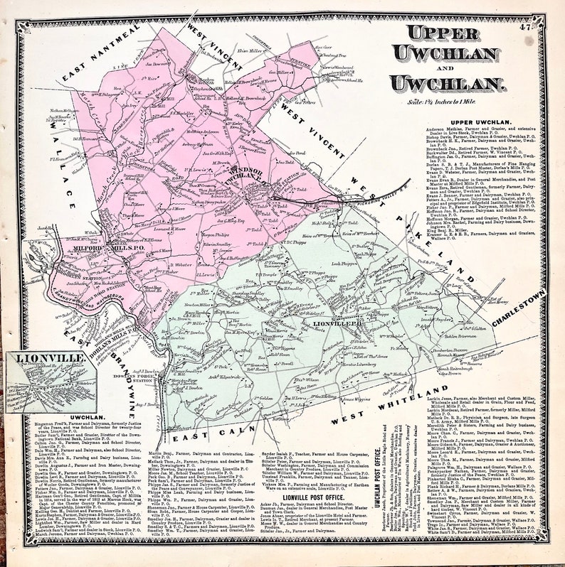 Uwchlan Township Map, Upper Uwchlan Map, Original 1873 Chester County