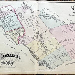 May include: Antique map of New Barbadoes Township and Midland Township, featuring detailed cartography with various colors. The map includes text labels for towns, rivers, and other geographical features. The scale is 100 rods per inch.