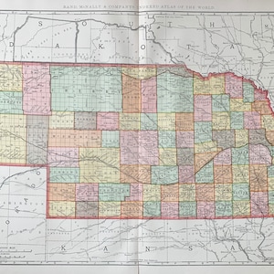 Nebraska map, Original 1895 Rand McNally Atlas, Omaha, Cornhuskers, Lincoln, Council Bluffs